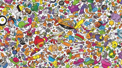 Obraz premium Colorful Doodle Art Background with Cartoon Characters and Object Clipart