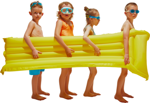 Cute little children, friends carrying inflatable matrass ready to swimming and have fun against transparent background. Concept of hot summer holidays, vacation, camps, recreation.