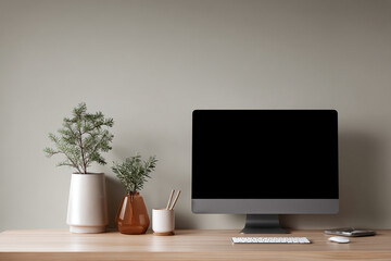 Wooden desk with computer, keyboard, mouse, and potted plants. Clean minimalist workspace mockup, ideal for showcasing products or branding.  Free space for text