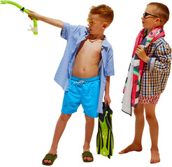 Two boys enjoy summer day, with one in blue shorts and light blue shirt pointing with green snorkel, holding flippers against against transparent background. Concept of summer holidays, vacation, camp