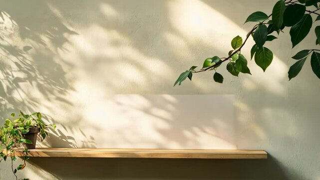 White frame mockup standing on wooden shelf, casting delicate plant leaves shadow against beige textured wall, presenting clean minimalist interior design concept