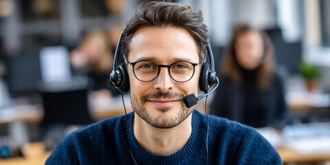 Fototapeta premium Close-up of a man wearing headset and glasses, smiling, in a blurred office background, showcasing customer service or communication concept