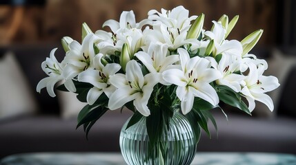 White lilies bouquet blooming in elegant vase