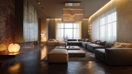 Naklejka premium Luxury living room with modern sectional sofa and warm lighting.