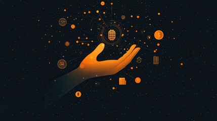 Futuristic digital hand interacting with global network of data and currency symbols