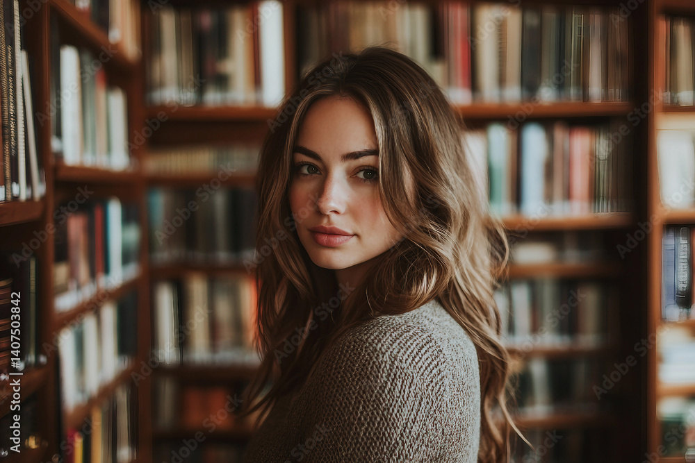 Poster an image of college student in library generative ai