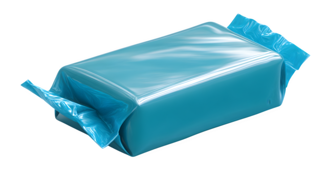 Light blue rectangular object with a wrapper, centered and isolated on white or transparent background --ar 16:9 --v 7.0