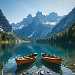 Mountain Lake Boats: Serenity Scenery Wallpaper