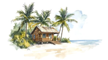 Watercolor painting of tropical beach hut surrounded by palm trees image