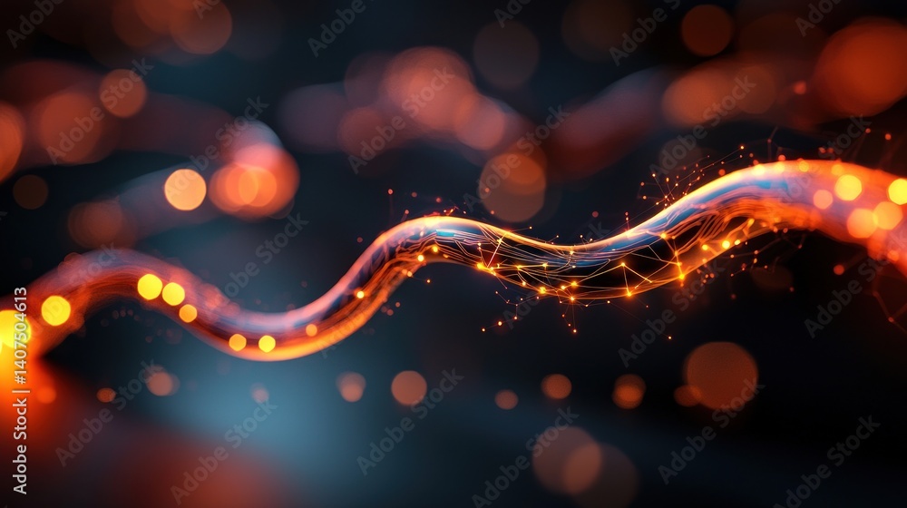 Poster abstract flowing energy line in dark space with glowing particles