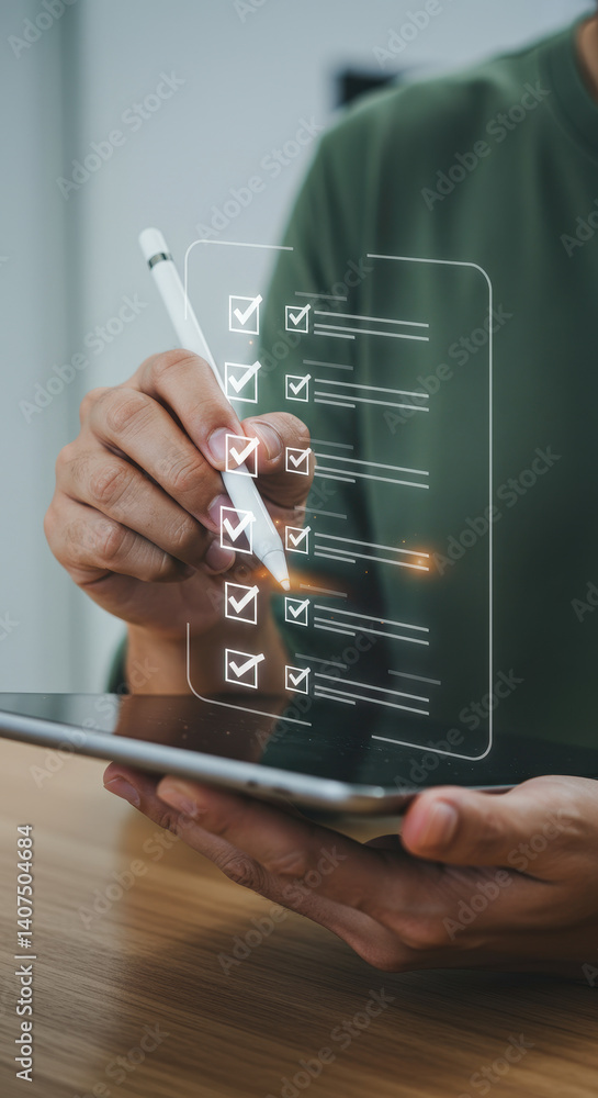 Poster digital checklist: man completing form on tablet with stylus. productivity, online survey, to-do lis