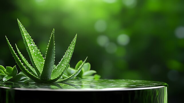 Aloe vera gel with aloe plant on round podium green background image