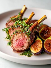 Plate of food, specifically a rack of lamb chops. the lamb chops are cooked to a golden brown color and are garnished with fresh herbs and sliced figs.