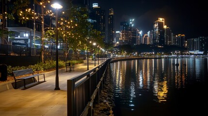 Fototapeta premium Nighttime cityscape walk along the waterfront urban setting photography calm atmosphere scenic view