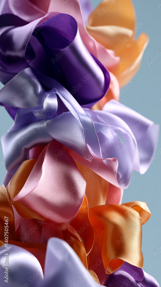 Poster close-up of pastel-colored satin ribbons, swirling and overlapping, creating a soft, textured abstra