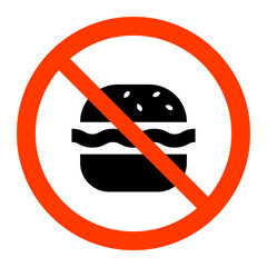 Sign prohibited with food for public places. Silhouette burger, red circle. Vector illustration.