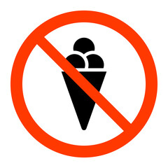 No food. Prohibitory warning sign. Ice cream silhouette in red crossed out circle. Vector illustration.