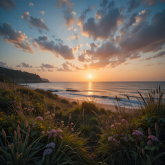 Sunrise Coastal Landscape: Beach, Ocean, Sunset, Nature Photography