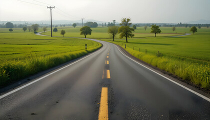 Fototapeta premium Asphalt Road Winding Through Lush Green Fields Scenic Countryside