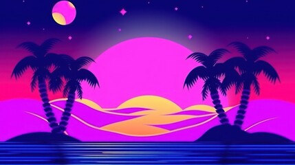 Palm Tree Silhouettes at Tropical Sunset Graphic with Vibrant Retro Colors