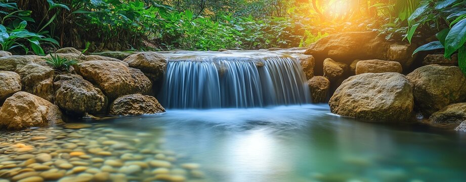 A serene waterfall cascading over rocks in a lush, green landscape, illuminated by warm sunlight.