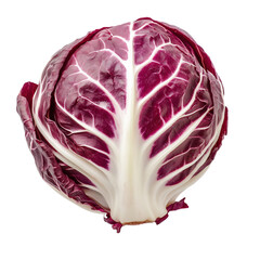 Obraz premium Whole fresh radicchio cabbage with deep purple leaves and white veins, isolated on transparent background for food or diet themes.