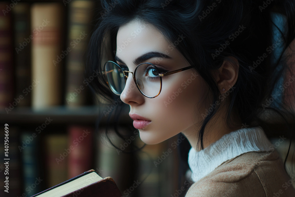 Poster student studying and reading book in library, generative ai