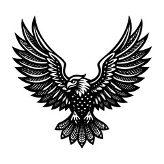 Fototapeta premium Powerful Black and White Eagle Vector Illustration with Open Wings in Engraving Style, Isolated on White Background, Symbolizing Freedom, Strength, and Majesty, Ideal for Logos and Emblems