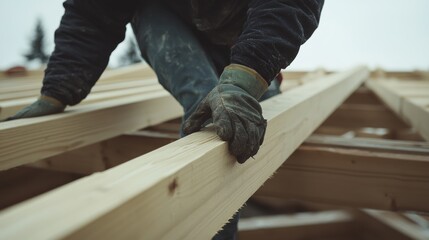 Construction worker aligning wooden beams for roof framing. Featuring precision and strength