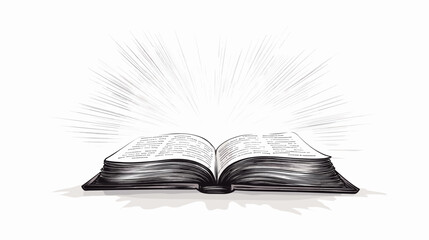 Monochrome sketch of open Bible with radiant light, vector illustration with engraved lines, concept of truth and guidance