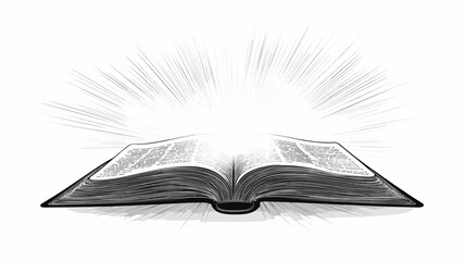 Monochrome sketch of open Bible with radiant light, vector illustration with engraved lines, concept of truth and guidance