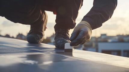 Construction worker applying a coat of sealant to a roof joint. Featuring protection and durability