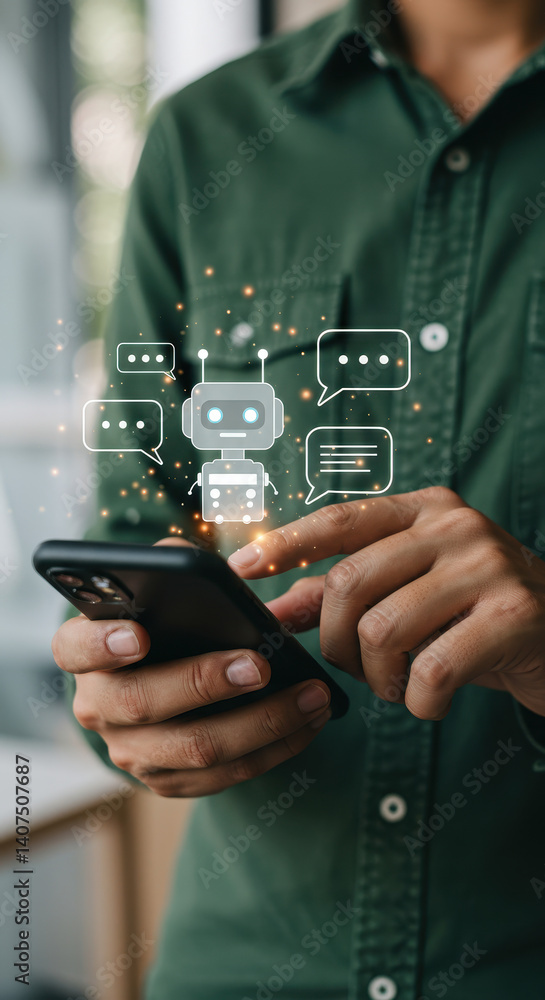 Aufkleber ai chatbot assistant: man using mobile phone for smart communication, virtual support & digital solu