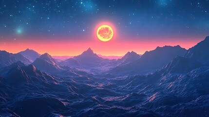 Fantasy alien landscape with mountains and a bright celestial object
