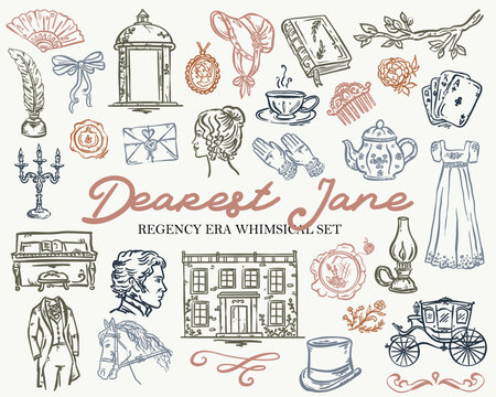 Dearest Jane Whimsical Set Vector Collection - Jane Austen inspired hand drawn illustrations