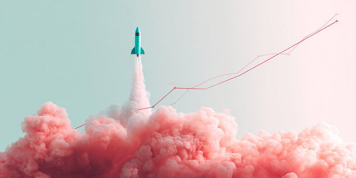 Teal rocket ascending through pink smoke, growth chart overlaid, symbolizing business success, innovation, and upward trajectory - Powered by Adobe