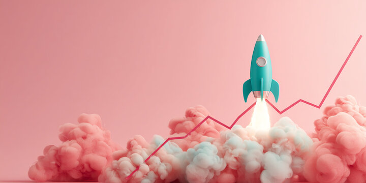 Teal rocket launching upward above pink and white smoke, following an upward trending red graph, set against a pink background, symbolizing growth and success