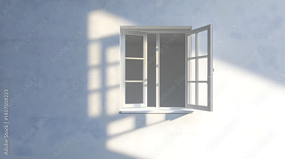 Poster white window on a wall, white wall of a house with an open window from the inside