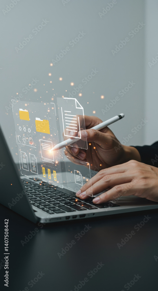 Poster digital document management: streamline workflow with tech | paperless office, data, automation, lap