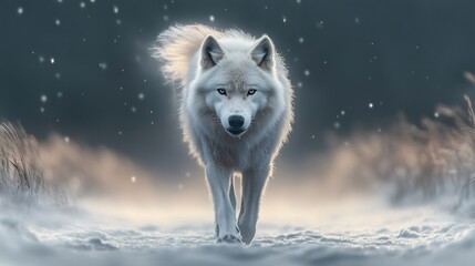 Obraz premium Majestic white wolf walking in snowy landscape during snowfall
