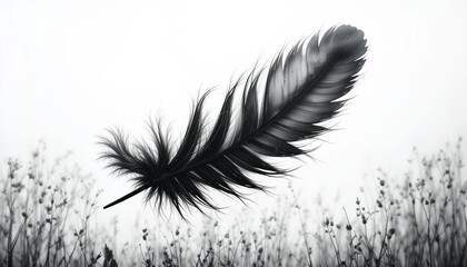 Obraz premium Captivating black feather floating above delicate wildflowers nature photography minimalist aesthetic calm atmosphere close-up perspective