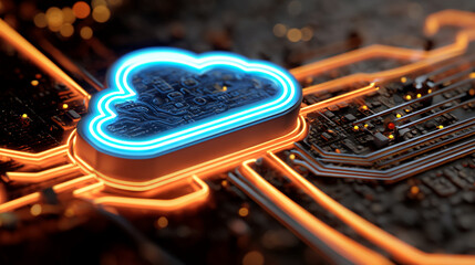 Neon blue cloud symbol on dark circuit board, orange glowing lines, showcasing digital technology concept, ideal for tech presentations or website banner
