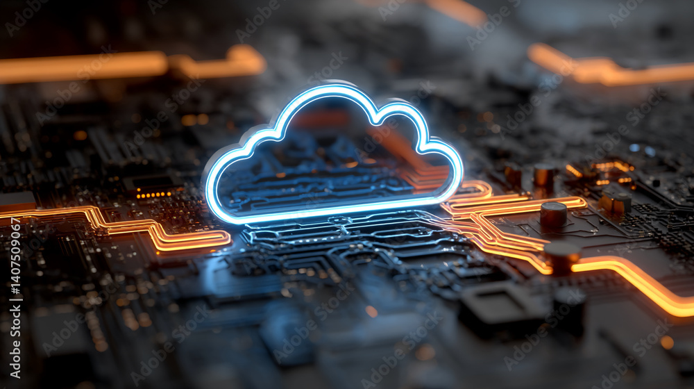 Poster neon cloud symbol on circuit board, showcasing digital technology, data storage, and cloud computing