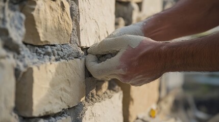 Obraz premium Mason repairing stone wall at construction site. Featuring expertise and precision