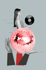 Vertical poster artwork collage of happy girl guy enjoy vinyl plate melody disco ball club celebration event clubbing party