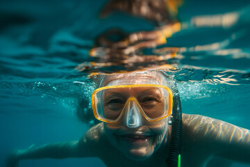 Naklejka premium Smiling person enjoying swimming in refreshing pool under the bright sun during spring vacation generative AI