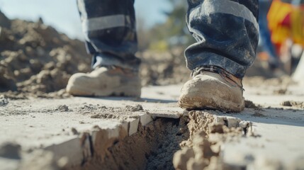 Construction worker inspecting a foundation. Featuring attention to detail and planning