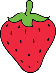 Strawberry with green leaves and black seeds