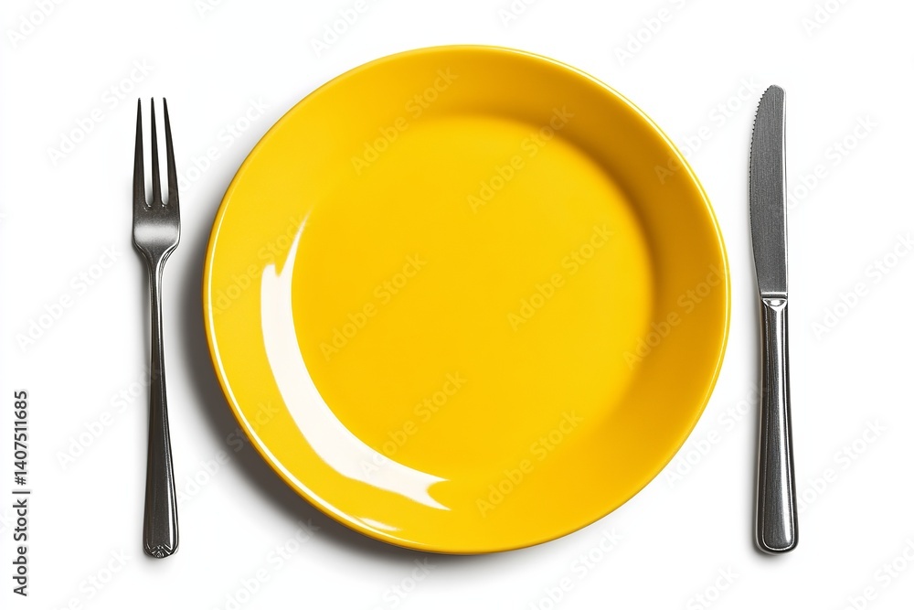 Poster a yellow plate with a fork on the left and a knife on the right on a white background isolated view