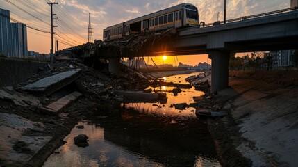 Fototapeta premium Collapsed train bridge after earthquake at sunset urban landscape destruction reflection dramatic view